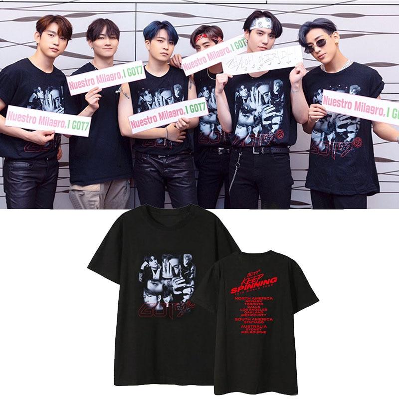 Kpop GOT7 2019 WORLD TOUR KEEP SPINNINGIN Album Shirts Hip Hop Loose Clothes Tshirt T Shirt Short Sleeve Tops T-shirt DX1123 KPS2007 Black / S Official Korean Pop Merch